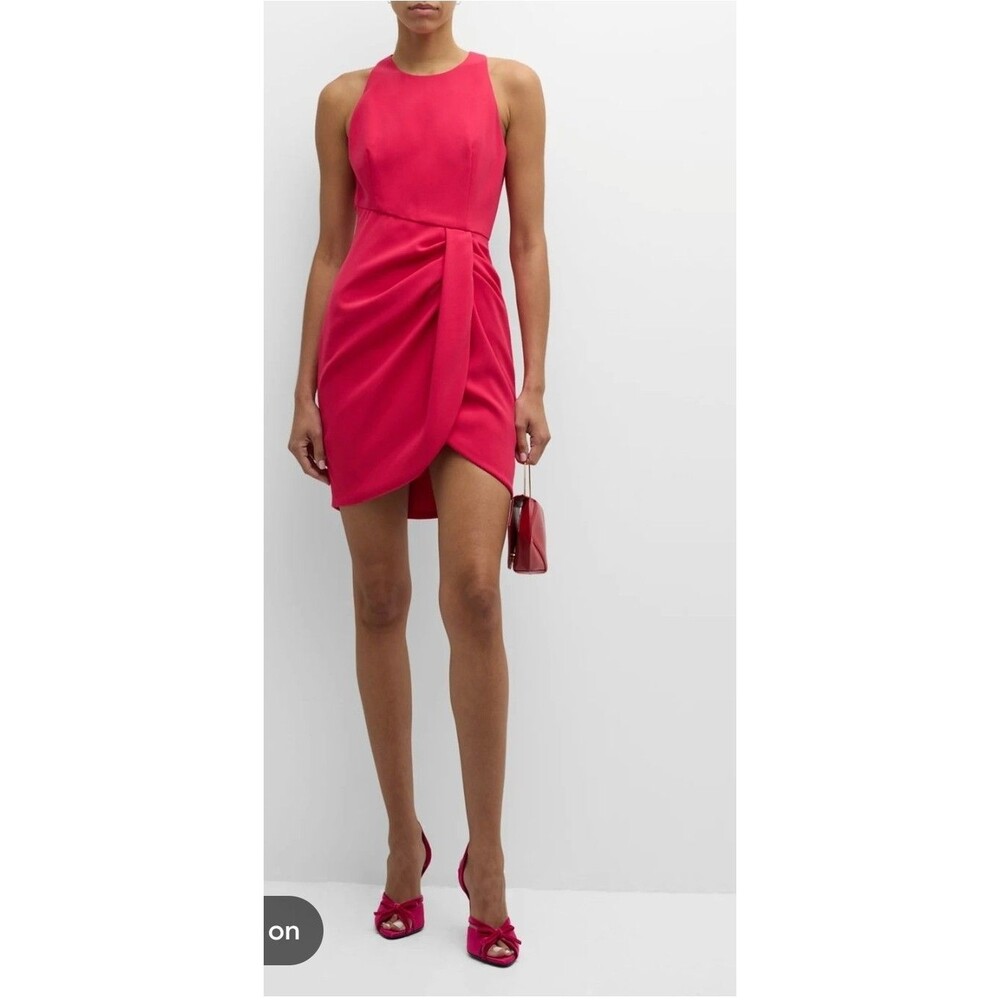 ​Black Halo Brett Drape Mini Dress 6 Red Cocktail Faux Wrap Pleated Asymmetric